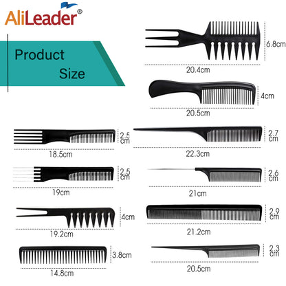 New 10Pcs Black Professional Combs Hairdressing New Tail Comb Carbon Anti Static Comb Hair Cutting Comb Free Storage Bag