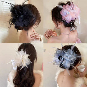 Vintage Pearl Feather clip Women's back low ponytail hair clip half tied Hair clip Temperament Hair Accessories High Fashion Elegant low ponytail hair clip