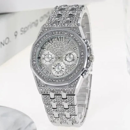 2Pcs Fashion Trend Luxury Luxury Hip Hop Three Eyes Rome Full Of Diamonds British Watch Atmospheric Diamond Bracelet Gift Set