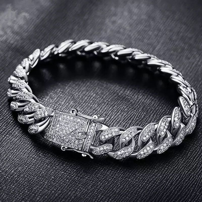 Gold Hip Hop Miami Curb Cuban Chain Iced Out Paved Rhinestones CZ Bling Rapper Silver Necklace +Watch+Bracelet Jewelry For Men