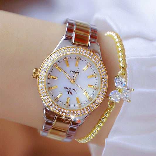 Women's Elegant Casual Goldn Watch Crystal Diamond Inlaid Watch Stainless Steel Silver Quartz Watch Bracelet Set Gift for Wife