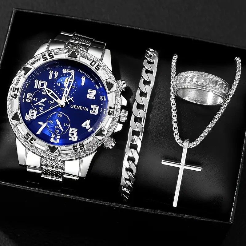 4Pcs/Set Fashion Watch Bracelet Necklace Ring Set Men Watches Men's Watches Quartz Business Watches Male Wrist Watch Men Light Luxury Business Watches Jewelry