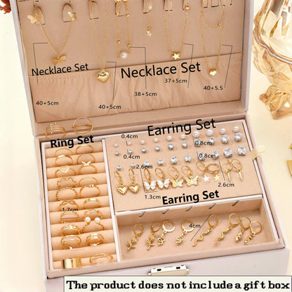 76PCS Luxury Jewelry Set Butterfly Necklace Set Butterfly Ring And Earring Set Diamond And Pearl Earnail Set Elegant Zircon Pendant Earring Ring Necklace Women's Daily Jewelry Gift For Friends