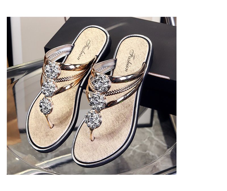 Size 38-43 Women's slippers sandals girls outdoor pinch-foot flat ladies shoes flower flip-flops students outside wear Flip Flops open shoes gold