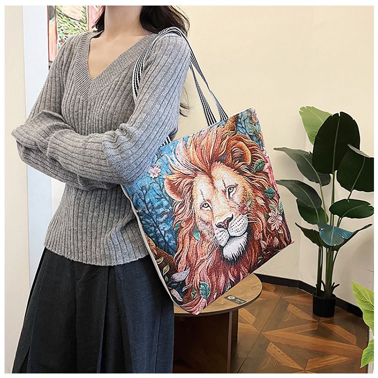 Gelory Fashion Painted Western Retro Style Large Capacity Tote Bag Zipper Closure Canvas Women's Shoulder Handbags