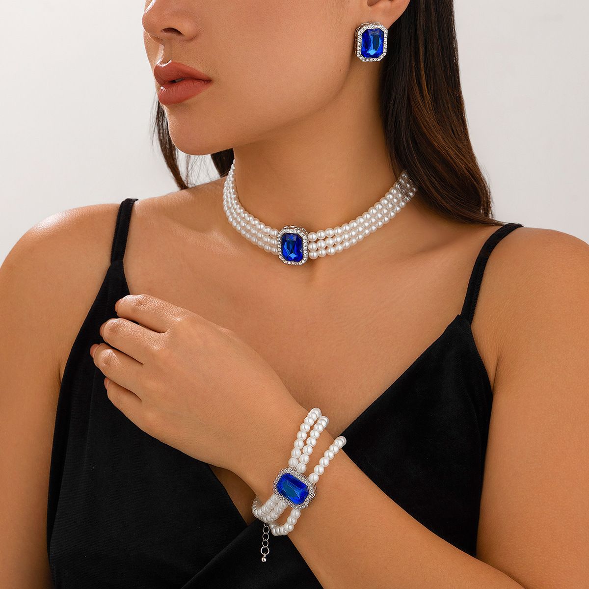 European American New Fashion Hot Sale Choker Necklace Personality Pearl Beaded Charms Court Style（Necklace+Bracelet+Earring ）Jewelry Set for Woman