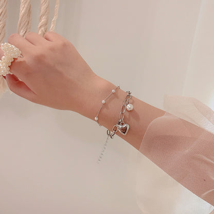 1-piece Elegant and Popular Fashionable and Versatile Bracelet Love Pearl Double Layer Bracelet Peach Heart Pendant Handicraft for Women