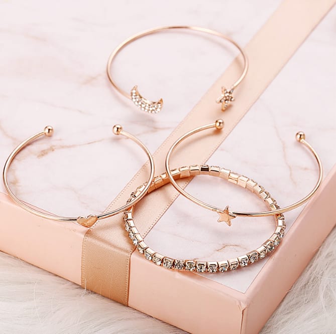 Ladies Diamond Pentagram Star Moon Heart Bracelet Open Bracelet Jewellery Fashion and Simple 4 Pieces / set MMSHOP Amazon hot style Gold as picture