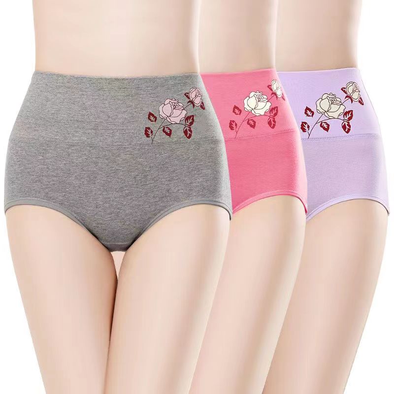 3Pcs High-waisted Pure Cotton Women Underwear Panties For Ladies Tummy Lift Hip Breathable Sweat-absorbent Sculpting Printed Women's Triangle Panties