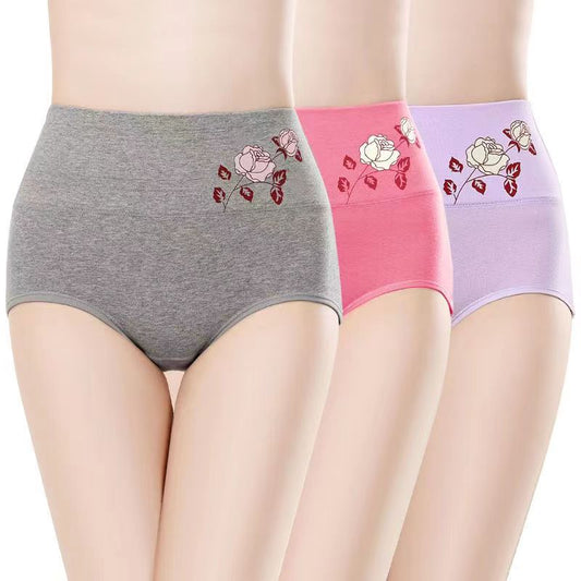3Pcs High-waisted Pure Cotton Women Underwear Panties For Ladies Tummy Lift Hip Breathable Sweat-absorbent Sculpting Printed Women's Triangle Panties