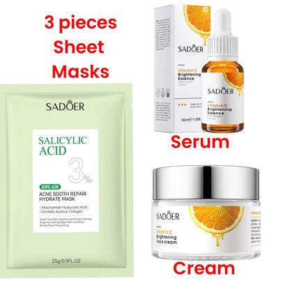 5 in 1 Sadoer Set Vitamin C Face Brightening Cream + Vitamin C Facial Brightening Essence/Serum + 3 PCS Salicylic Acid Sheet Masks - Brightens Skin, Moisturizes, Fades Dark Spots, and makes skin glow