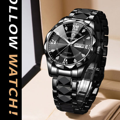 BINBOND Fashion Men's Watch Stainless Steel Top Brand Luxury Waterproof Men Double Calendar Quartz Watch