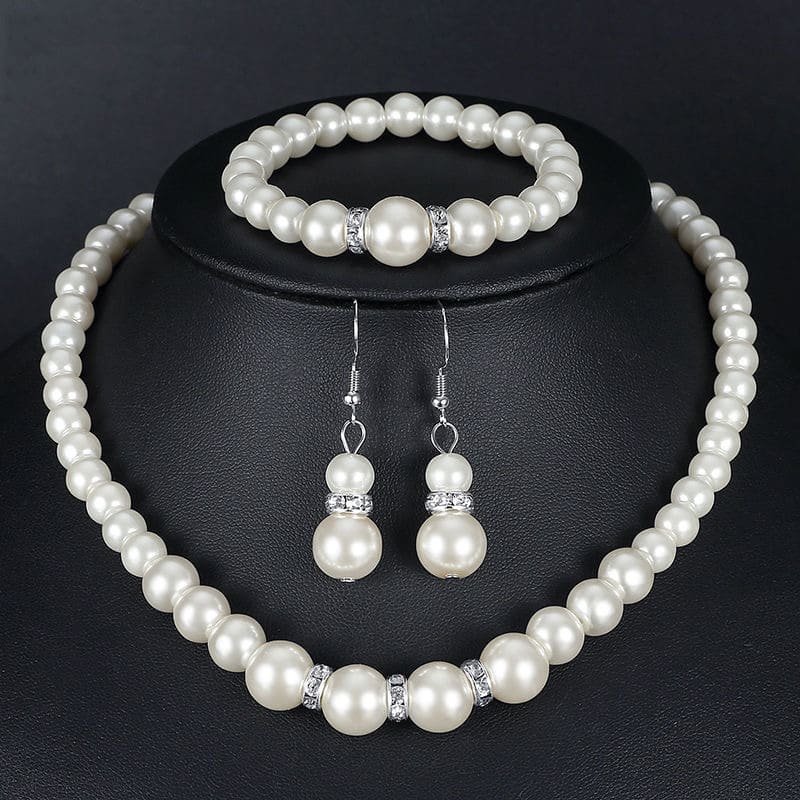 Pearl Jewelry Set for Women, necklace, earrings, bracelet, three-piece set, gift for mom, beautiful wedding photo accessories