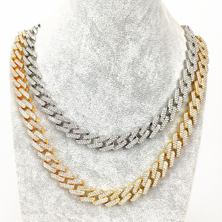 Luxury High Quality Iced Out 15mm Miami Cuban Link Chain Necklace Bracelet Rhinestone Bling Hip Hop