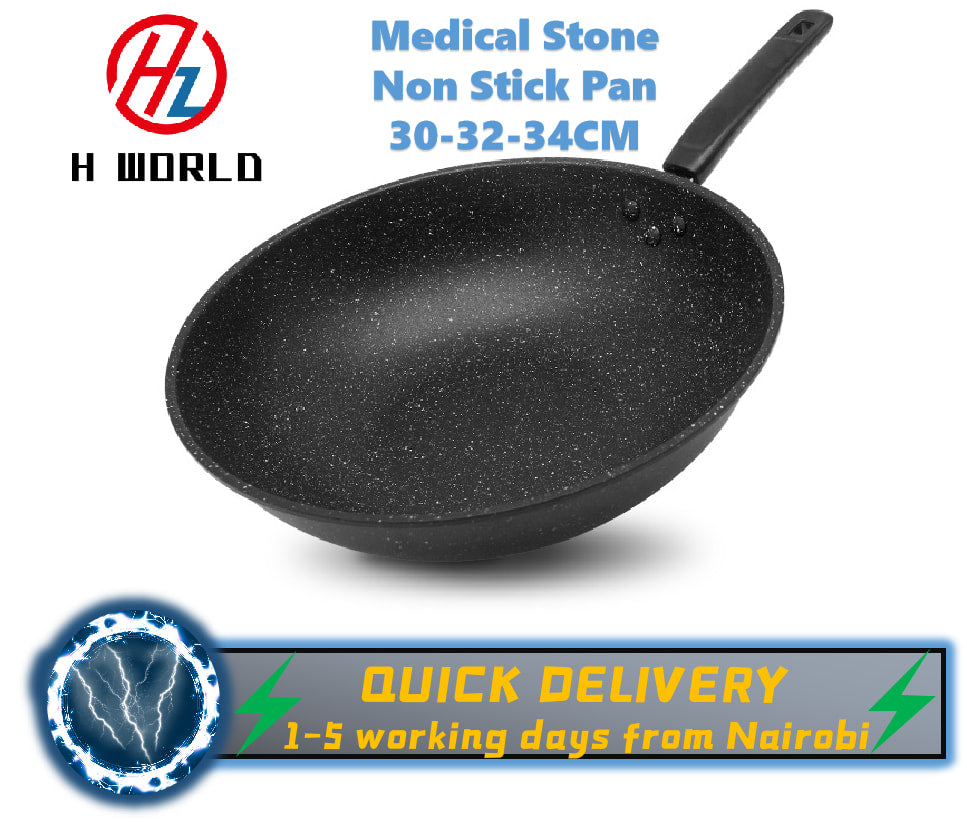 HW Quality Medical Stone Wok Physical Non Stick Pan Sufuria 30/32/34CM Saute Deep Frying Cooking Pots