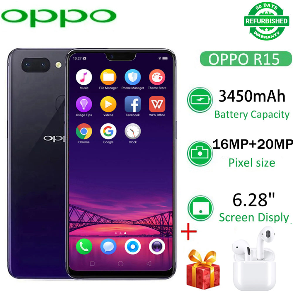 Limited Offer Refurbished OPPO R15 128GB+6GB 6.28" 20MP+16MP 2G/3G/4G LTE Dual SIM Android 8.1 3450mAh Face ID Fingerprint Unlock Smartphones Big Phones