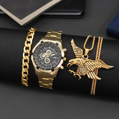 3pcs set Best Selling Fashion Mens Sports Gold Three Eyes Watches Men Business Steel Quartz Wrist Watch Calendar Male Casual Eagle Necklace Bracelet Wristwatch With Box
