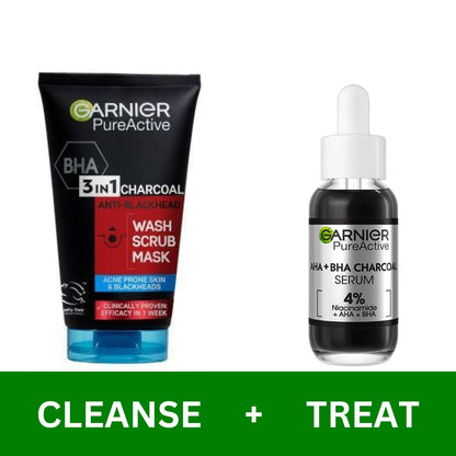 【Discounted】Garnier AHA+BHA Charcoal Serum + Pure Active 3-in-1 Charcoal Mask-(Anti-acne kit)