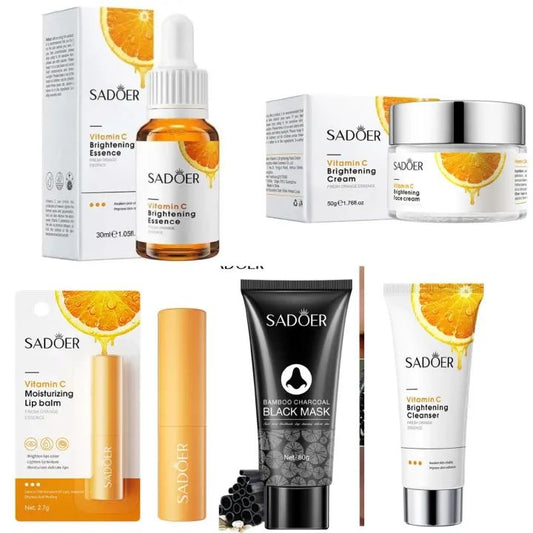 5 in 1 SADOER Vitamin C Cream + Vitamin C Serum + Vitamin C Moisturizing Lip Balm + Charcoal Mask Peel off + Vitamin C Foaming Face Wash, for Brightening, Remove Black Heads, Lips Brightening, Moistu