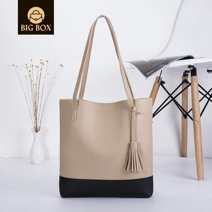 BigBox Women color blocking Handbag Designer Fashionable large capacity tassel design PU leather shoulder tote bag women handbag