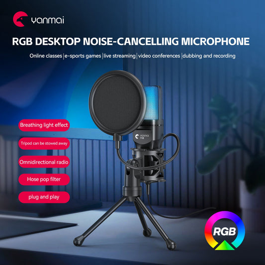 RGB Colorful USB microphone intelligent noise reduction game host computer e-sports competition host professional condenser microphone