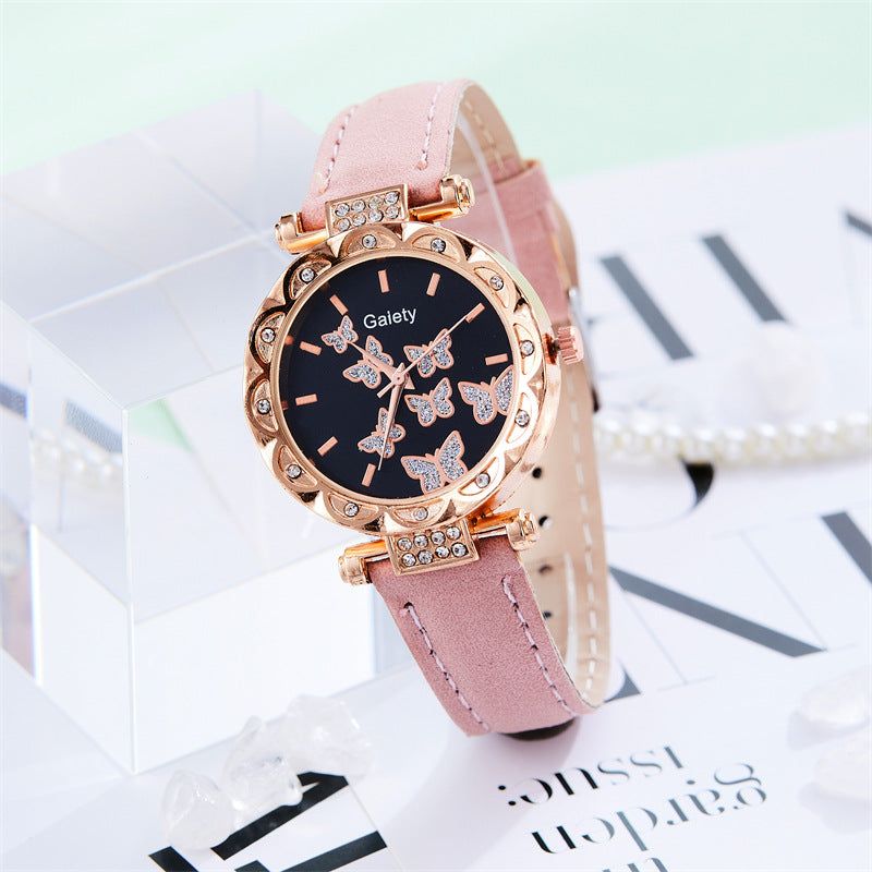 5-Piece Women's Watch Bracelet Necklace Ring Earrings Set Fashion Personality Simple Watch Butterfly Quartz Leather Watch