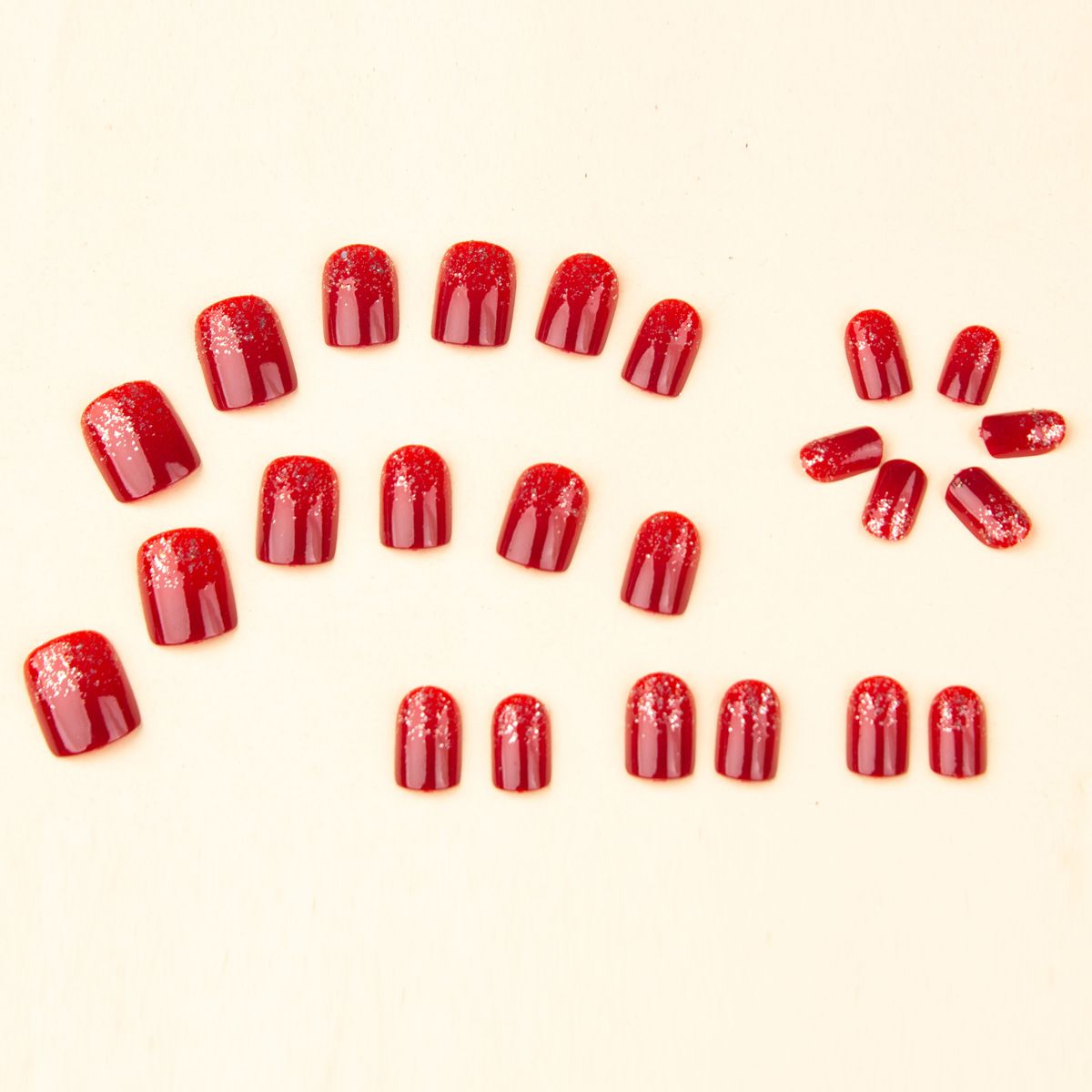 Short red nail art finished product, red finger root glitter nail art sheet, fake nail sticker nail art tool