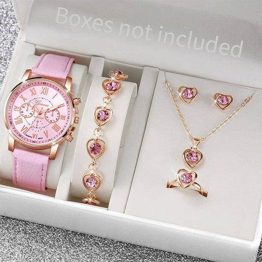 6PCS Fashion Women's Quartz Watch Leather Band Analog Wrist Watches Heart Rhinestone Jewelry Set