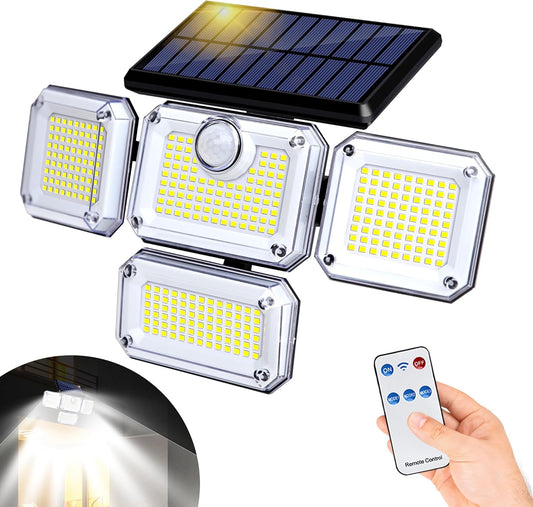 Solar Wall Lamp, 4-Head Solar Power Light, 333 LED Solar Light, Wireless Flood Lights Outdoor，3000 Lumens, 6500K, Motion Sensor, IP65 Waterproof, 270° Lighting Range for Street, Garden, Pathway