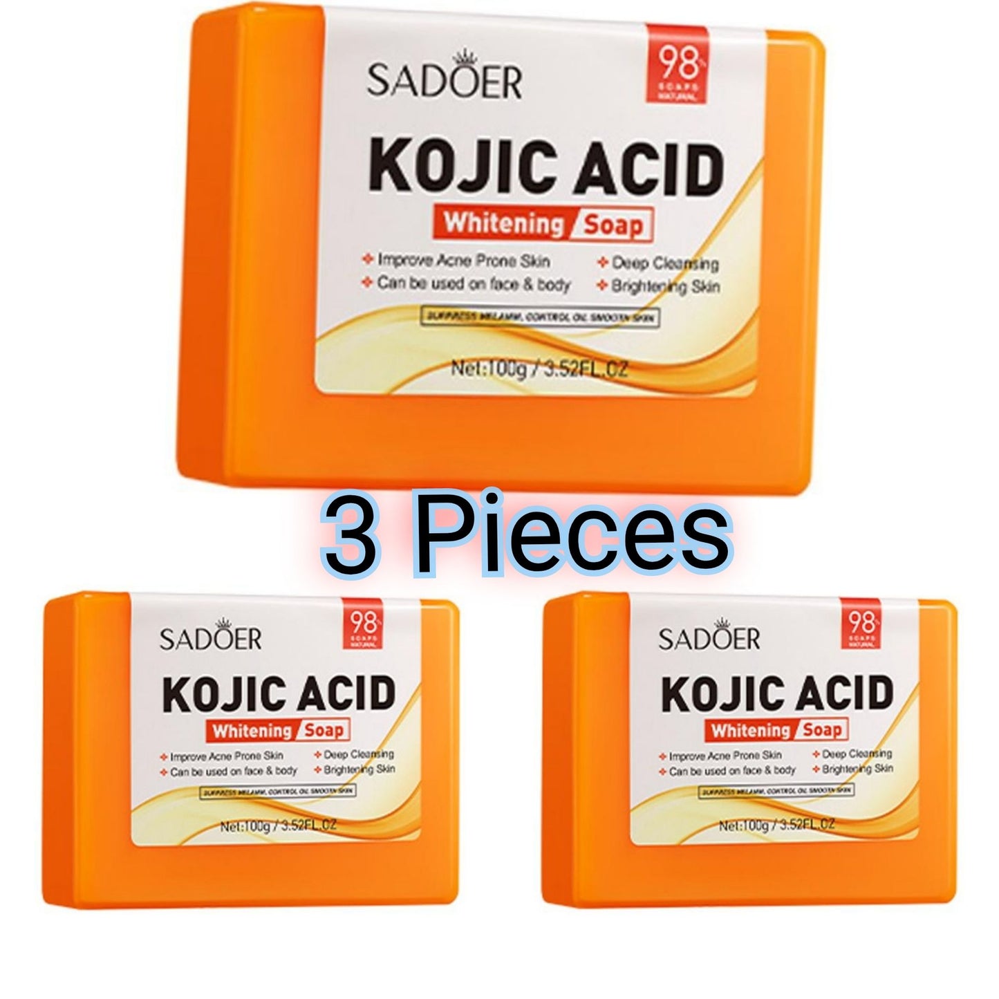 3 PIECES Sadoer Kojic Soap, Kojic Acid Whitening Soap, Deep Cleansing, Skin Brightening Like Vitamin C, Improve Acne Prone Skin, For Face and Body Skin Care
