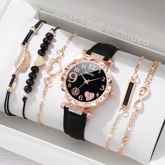 6PCS/Set Women Watches Fashion Heart Dial Leather Band Quartz Watch Leaf Bracelets Set