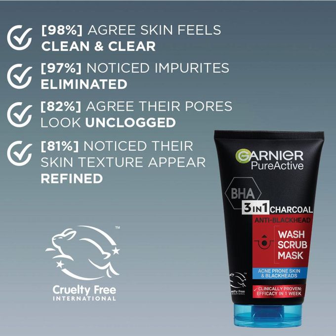【Hot Deal】Garnier Pure Active 3 In1 Charcoal Anti Blackhead Mask Wash Scrub -50ml