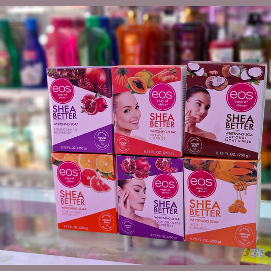 Six boxes of eos Shea Better soap on a shelf with a blurred background