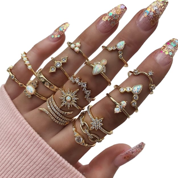 Fashion Lady Alloy ladies diamond crown sun hexagram ladies rings Jewellery 17 Pieces / set MMSHOP Amazon Hot Sale Gold as picture one size