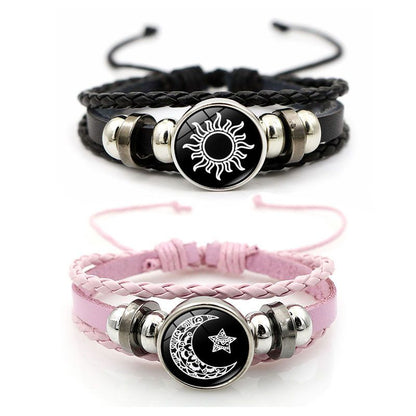 2Pcs Leather Bracelet for Couples, Retro Punk Multi-layer Beaded Braided Bracelet Gift for Lovers