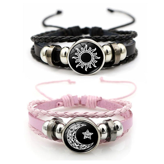 2Pcs Leather Bracelet for Couples, Retro Punk Multi-layer Beaded Braided Bracelet Gift for Lovers