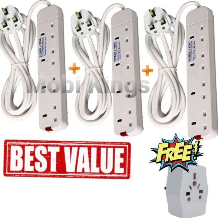 4 PCs Pack - 3Pcs Power King 4 Way Power Extension Cable + 1Pc Multi-plug - Combo for Electrical Outlet appliances Products sockets and leads