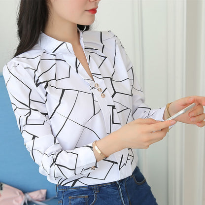 Blouses Smooth Cut Plus-Size Women's White Chiffon Shirt Fashion Commuter Striped Print Casual Long-Sleeved Top