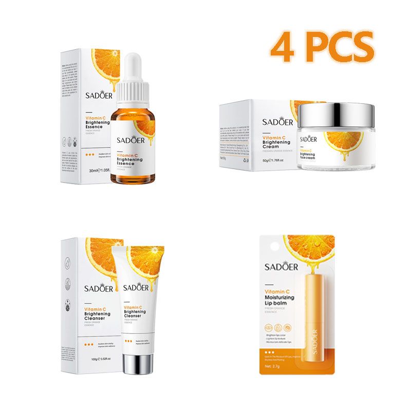 SADOER 4 In 1 Skin Care Set Vitamin C Serum Brightening Whitening Moisturizing Gifts Set Face Vitamin C Essence + Face Cleanser + Brightening Vitamin C Face Cream + Lip Balm