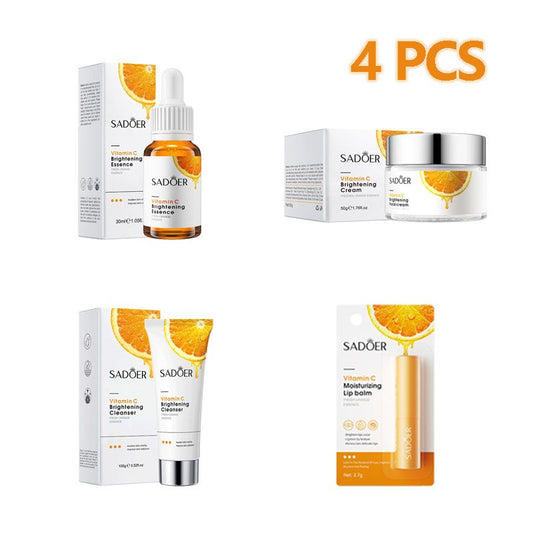 SADOER 4 In 1 Skin Care Set Vitamin C Serum Brightening Whitening Moisturizing Gifts Set Face Vitamin C Essence + Face Cleanser + Brightening Vitamin C Face Cream + Lip Balm