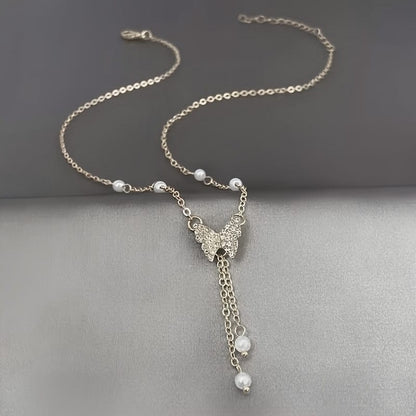 New trendy pearl necklace for women, niche cold style necklace, high-end light luxury zircon butterfly clavicle necklace