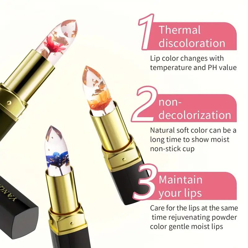 Rose Temperature Color Changing Lipstick Long Lasting Flower Jelly Lipstick Waterproof Lip Balm Non-stick Cup Non-fading Lip Gloss with Moisturizing and Glowing Effects