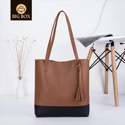 BigBox Women color blocking Handbag Designer Fashionable large capacity tassel design PU leather shoulder tote bag women handbag