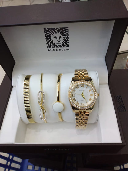 Anne Klein Watch Set – Elegant Quartz Watch & Bracelet Bundle with Crystal Accents, Mother-of-Pearl Dial, Jewelry Clasps & Splash-Resistant Design for Timeless Style