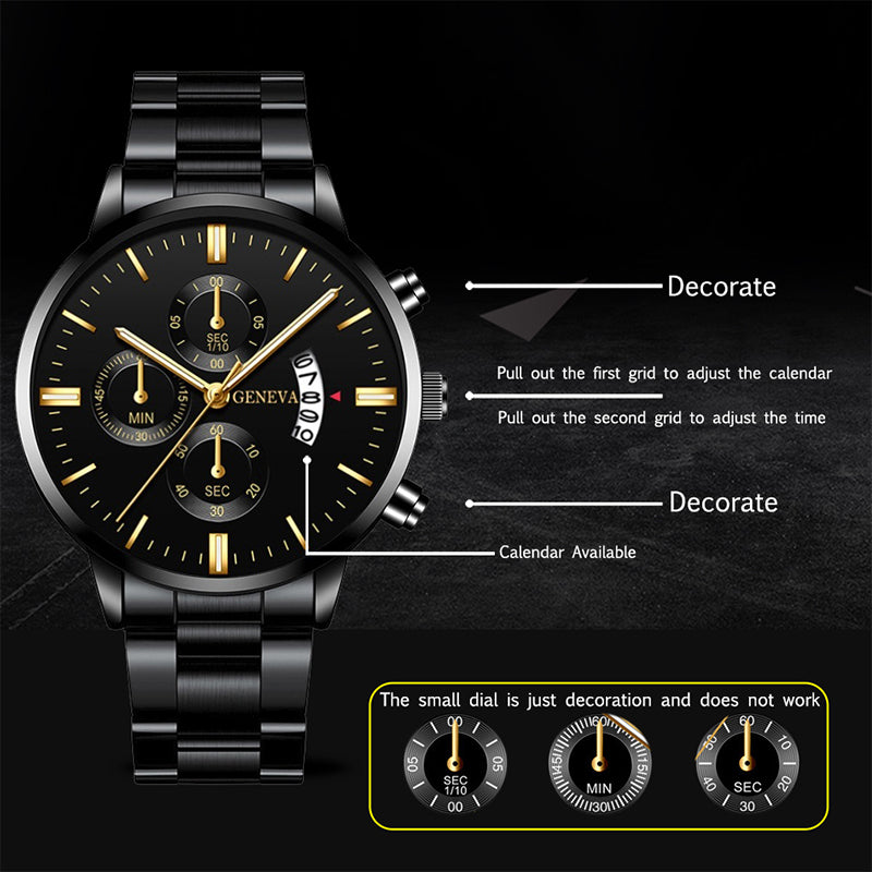 Men Watch Date Stainless Steel Watch Luxury Calendar Quartz Wrist Watch Business Watches for Man Clock Valentines Gift Fashion Mens Watches With keyring Free Gift