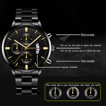 Men Watch Date Stainless Steel Watch Luxury Calendar Quartz Wrist Watch Business Watches for Man Clock Valentines Gift Fashion Mens Watches With keyring Free Gift