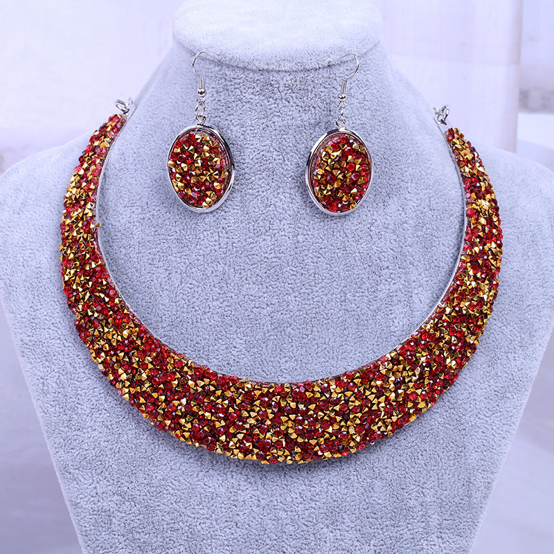 Metal Full Rhinestone Fake Collar Necklace Earrings Necklaces & Pendants MMSHOP 2 pieces/set European and American Fashion Gold as price