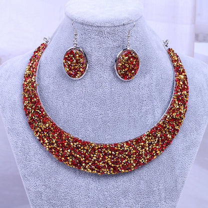 Metal Full Rhinestone Fake Collar Necklace Earrings Necklaces & Pendants MMSHOP 2 pieces/set European and American Fashion Gold as price