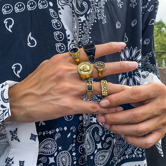 6 pcs rings set jewelry for men simple fashion hip hop rapper rings set man black vintage rings set jewelry accessories for men, gift for him/men, skull ring, letter ring,punk fashion rings set