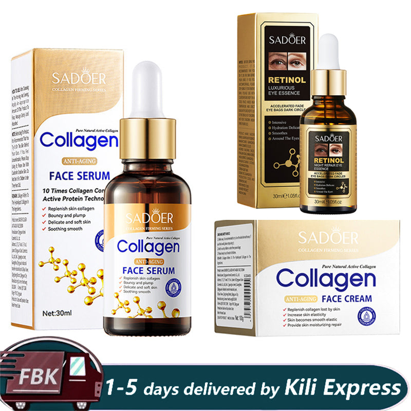 SADOER 3 in 1 Collagen Serum + Retinol Serum Eye Essence + Collagen Cream , Anti Aging, Face Moisturizer, Anti Wrinkles anti Eye Puffiness, Fade Eye Dark Circles and Eye Bags